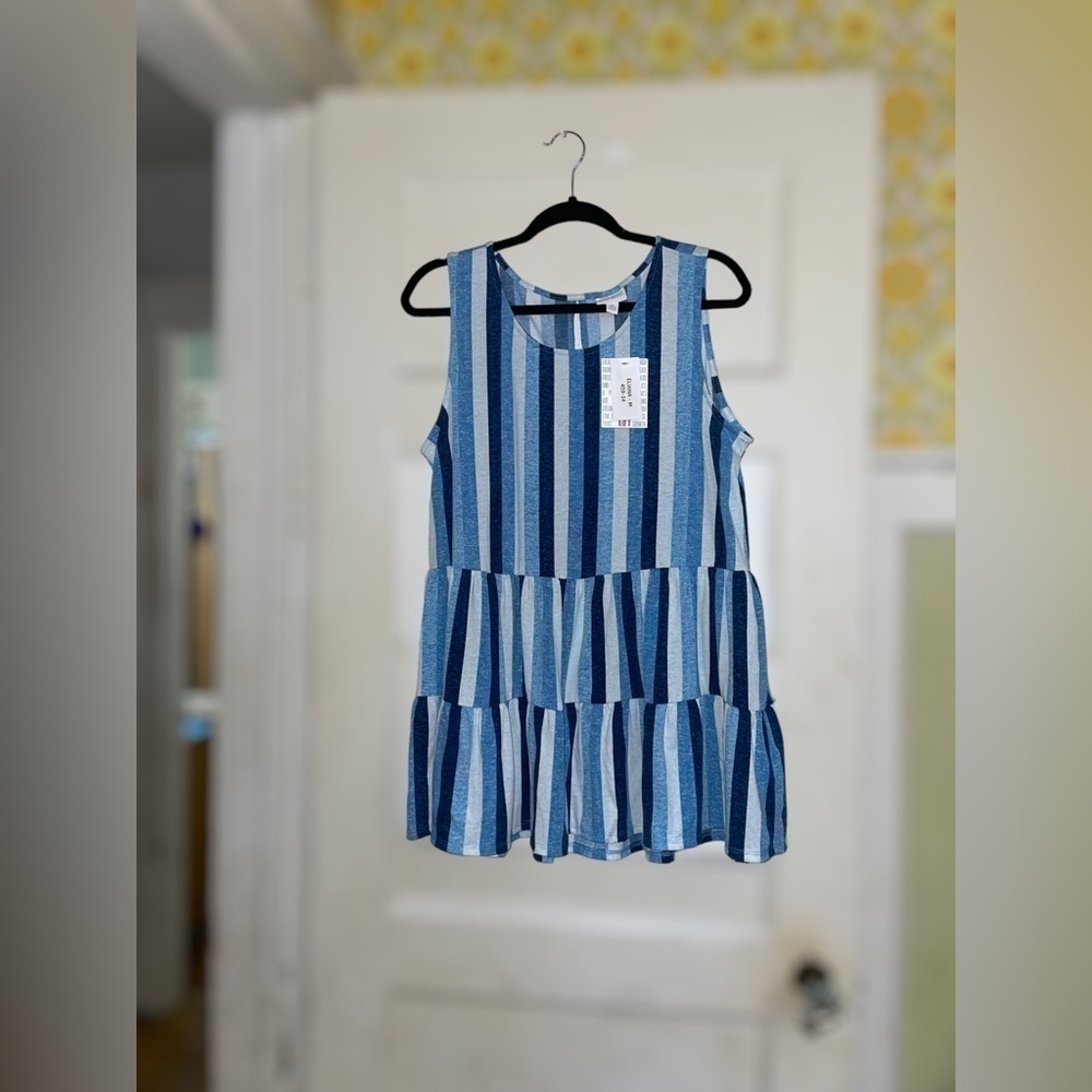 LuLaRoe Women’s Medium Eliana Tiered Tank Top • Blue Vertical Stripes Sleeveless - Picture 12 of 13